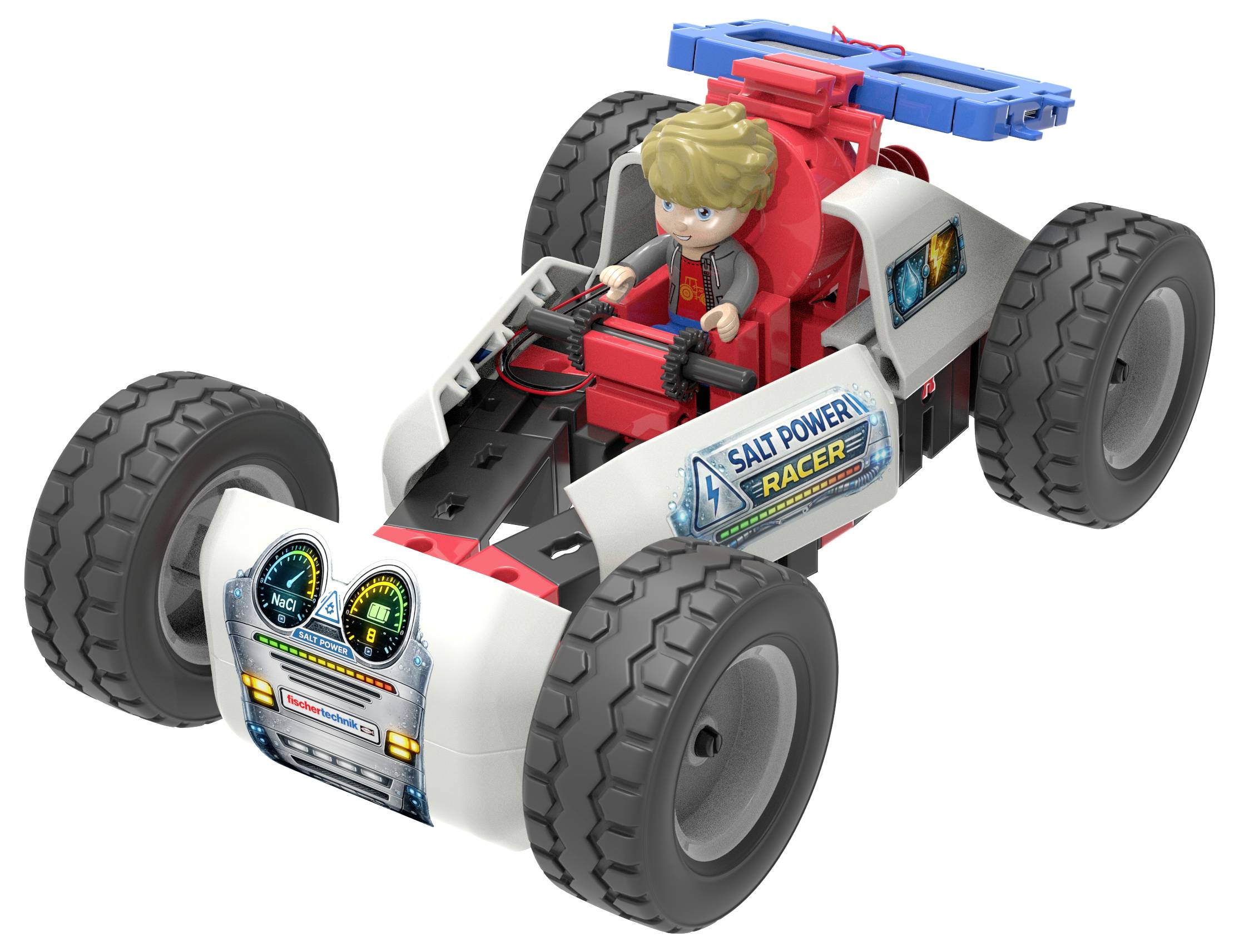 Spielzeug-Geländerennwagen mit einer Fahrerfigur, großen Reifen und „Salt Powered Racer"-Branding, dargestellt auf weißem Hintergrund.