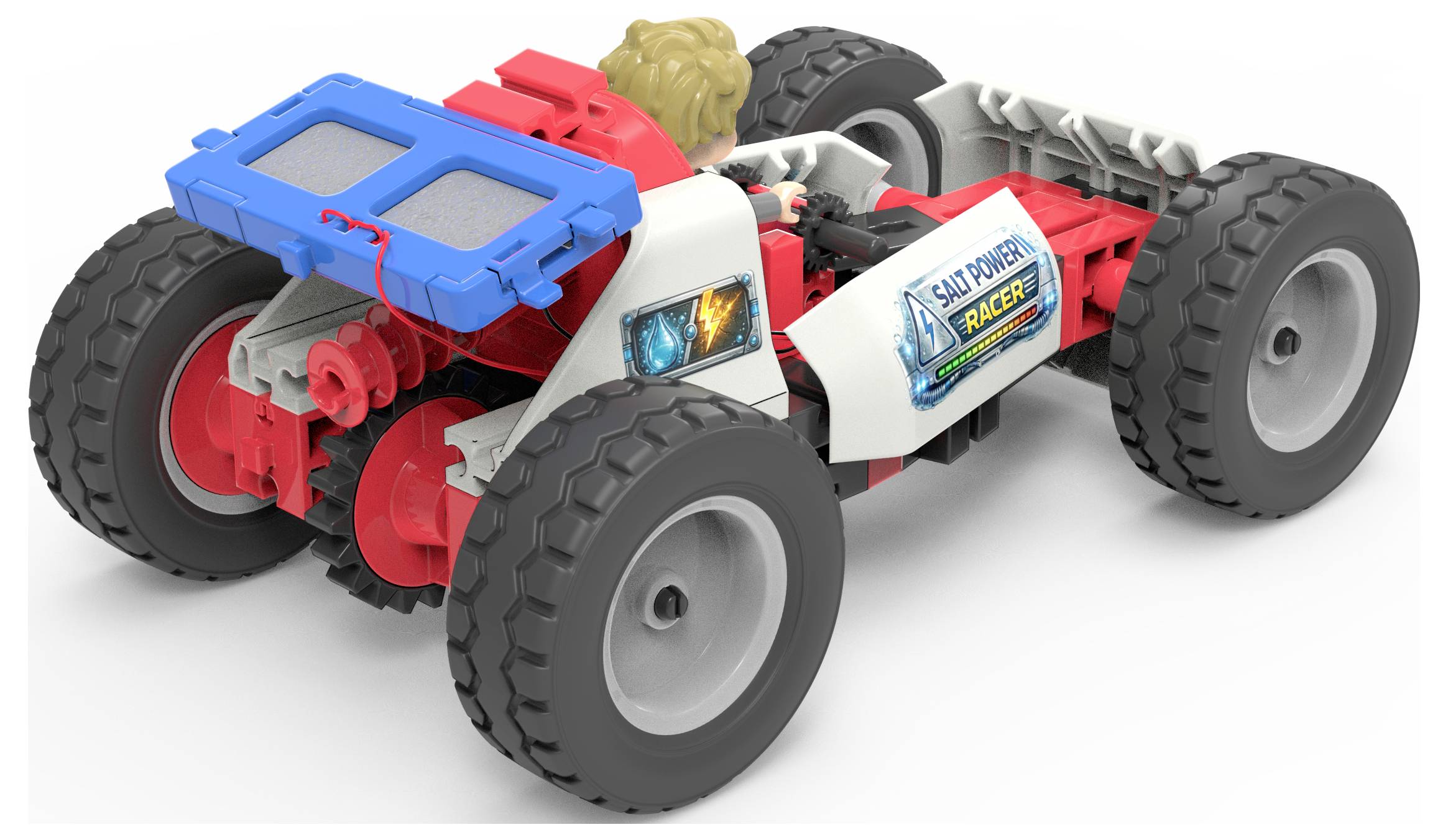 Spielzeug-Geländerennwagen mit übergroßen Reifen, rot-weiß lackierter Karosserie, blauem Heckflügel und „Salty Pup Racer"-Aufkleber auf der Seite.