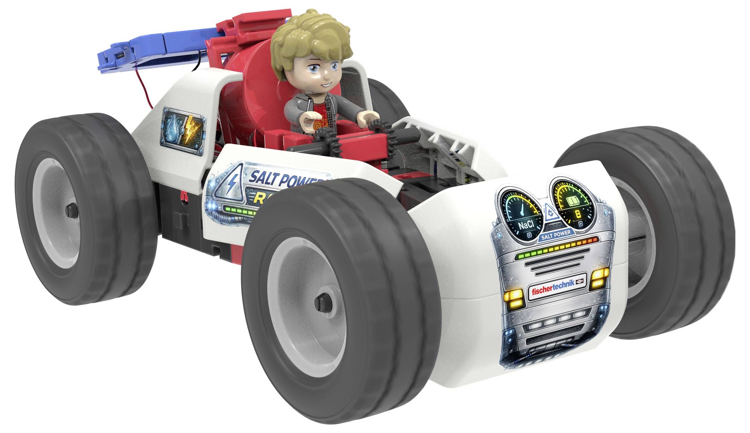 Spielzeugrennwagen mit einer blonden Fahrerfigur, übergroßen Rädern und blauen und roten Dachdetails, gezeigt auf weißem Hintergrund.