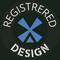 Kreisförmiges Logo mit blauem geometrischem Windmühlen-Symbol und den Worten „REGISTERED DESIGN" rundherum auf dunklem Hintergrund.