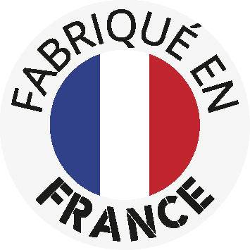 Logo mit Farben der französischen Flagge und dem Text 'Hergestellt in Frankreich' in einem kreisförmigen Siegel.