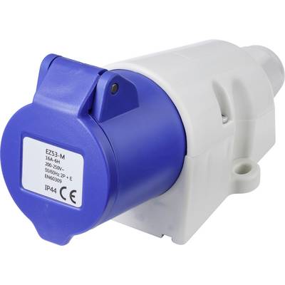Blau-weißer Industrie-Elektrostecker mit Schutzkappe, gekennzeichnet mit 16A 6H und IP44.
