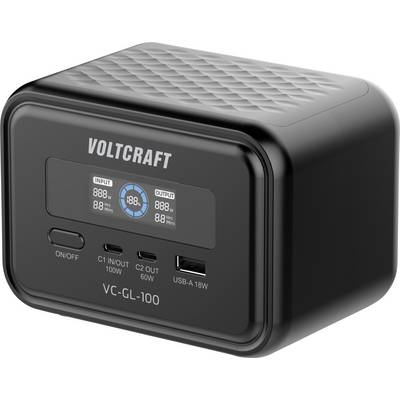 Schwarzes VOLTCRAFT VC-GL-100 Netzteil mit frontalem Display, Ein-/Aus-Schalter, USB-C Ein-/Ausgänge und USB-A 18W-Anschluss.