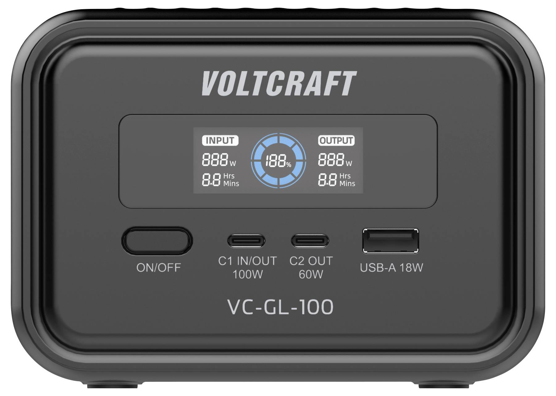 Frontansicht einer tragbaren VOLTCRAFT VC-GL-100 Stromstation, die LCD-Ein-/Ausgabeanzeigen, Ein-/Aus-Schalter, C1 Ein-/Ausgang 100W, C2 Ausgang 60W und USB-A 18W-Anschlüsse zeigt.