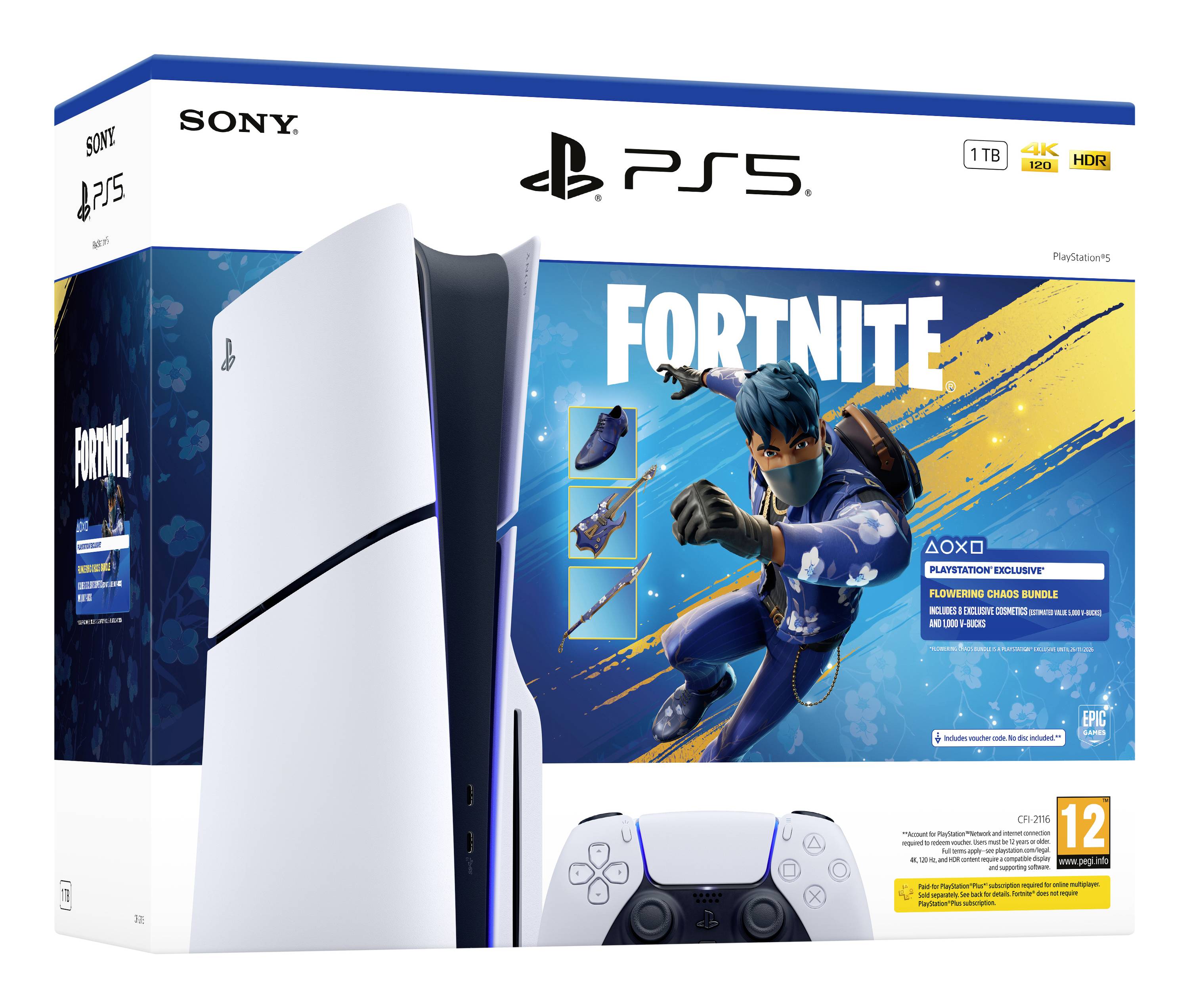 PlayStation 5 Konsolen-Bundle-Box mit Fortnite-Spielgrafik und PS5-Controller, mit 1TB-, 4K- und HDR-Beschriftungen.