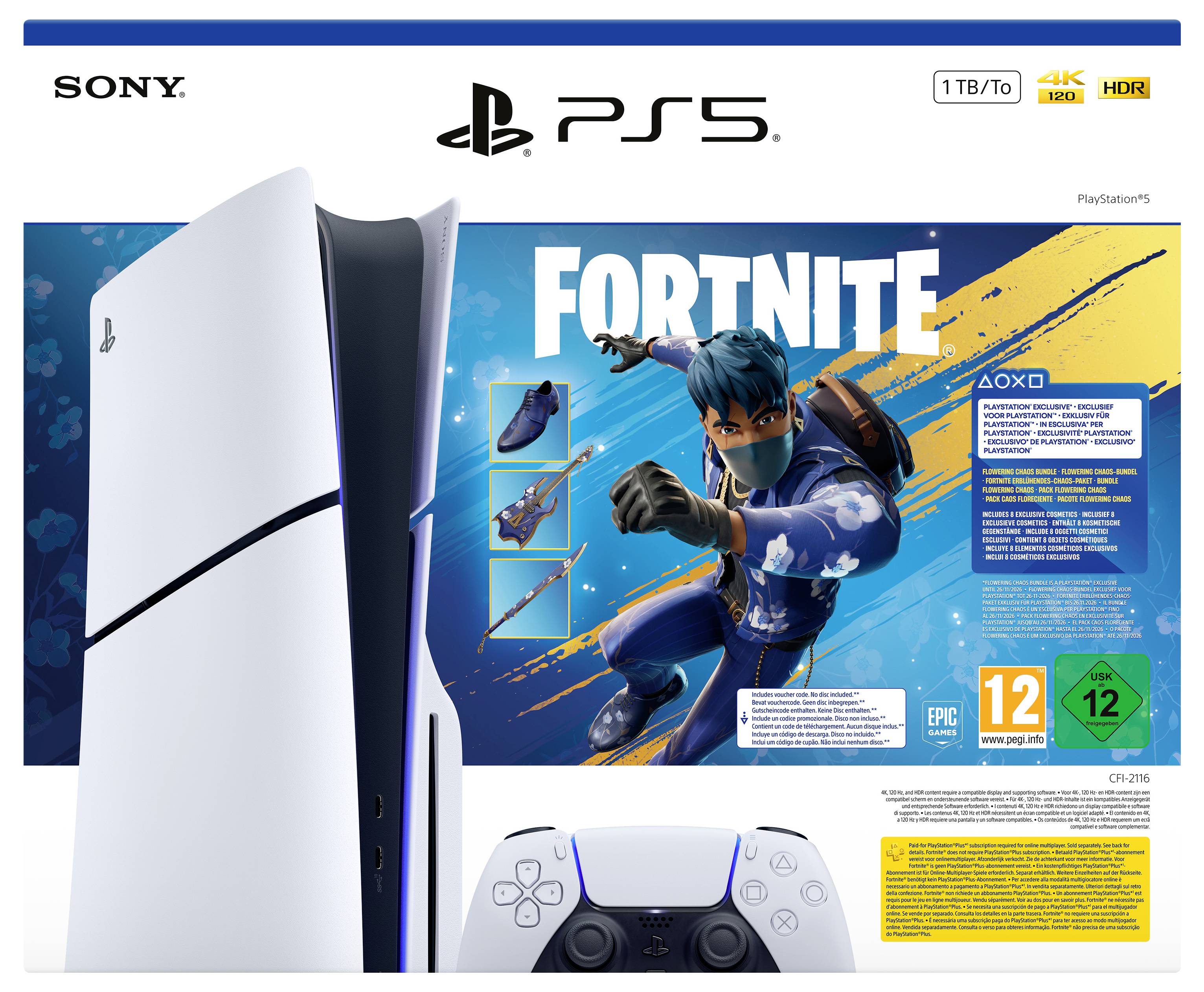 PlayStation 5 Konsolen-Bundle-Box mit Fortnite-Artwork, mit PS5-Konsole und Controller dargestellt, plus 1TB Speicher und 4K/HDR-Beschriftungen.