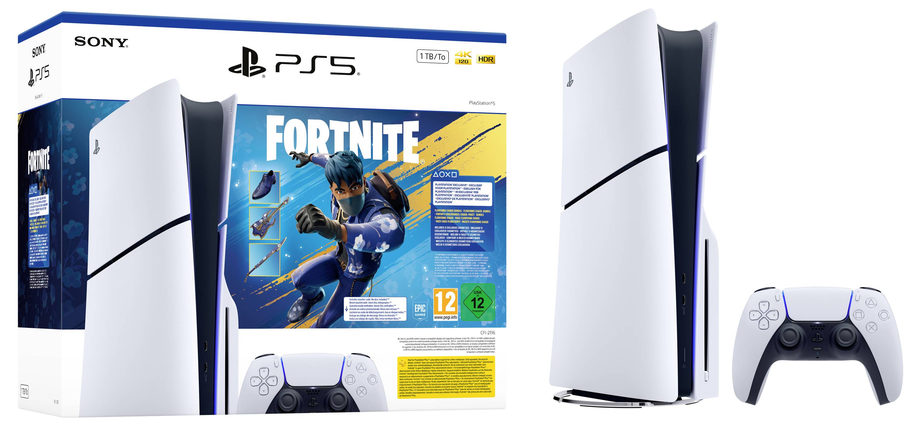 PlayStation 5 Fortnite Bundle Verpackung und Konsole mit DualSense Controller auf weißem Hintergrund, mit dem Werbeboxdesign des Spiels und Logos.