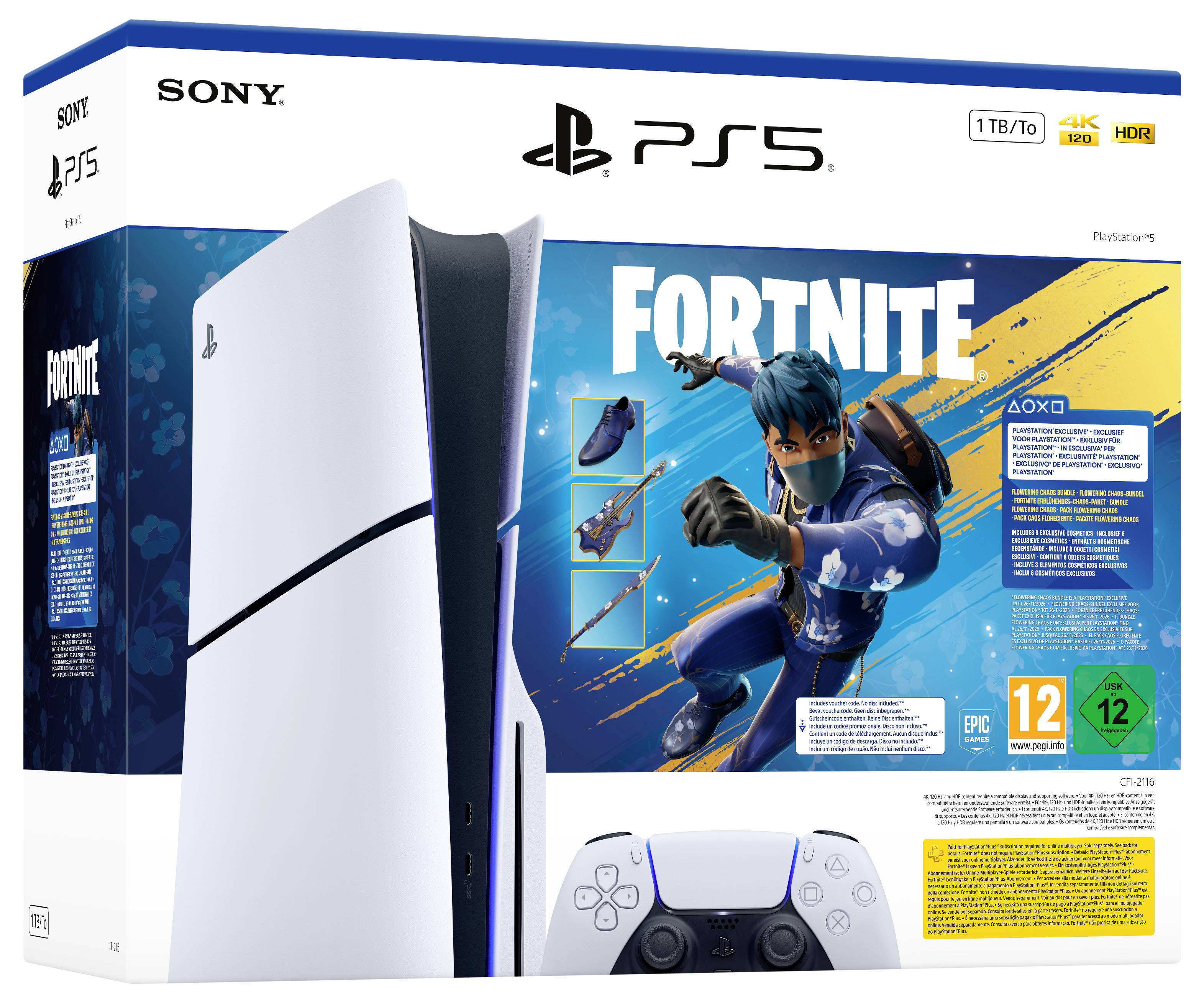 PlayStation 5 Fortnite Bundle-Box mit Konsole und DualSense-Controller, zeigt Fortnite-Spielgrafik und 1TB Speicher, 4K, HDR-Etiketten.