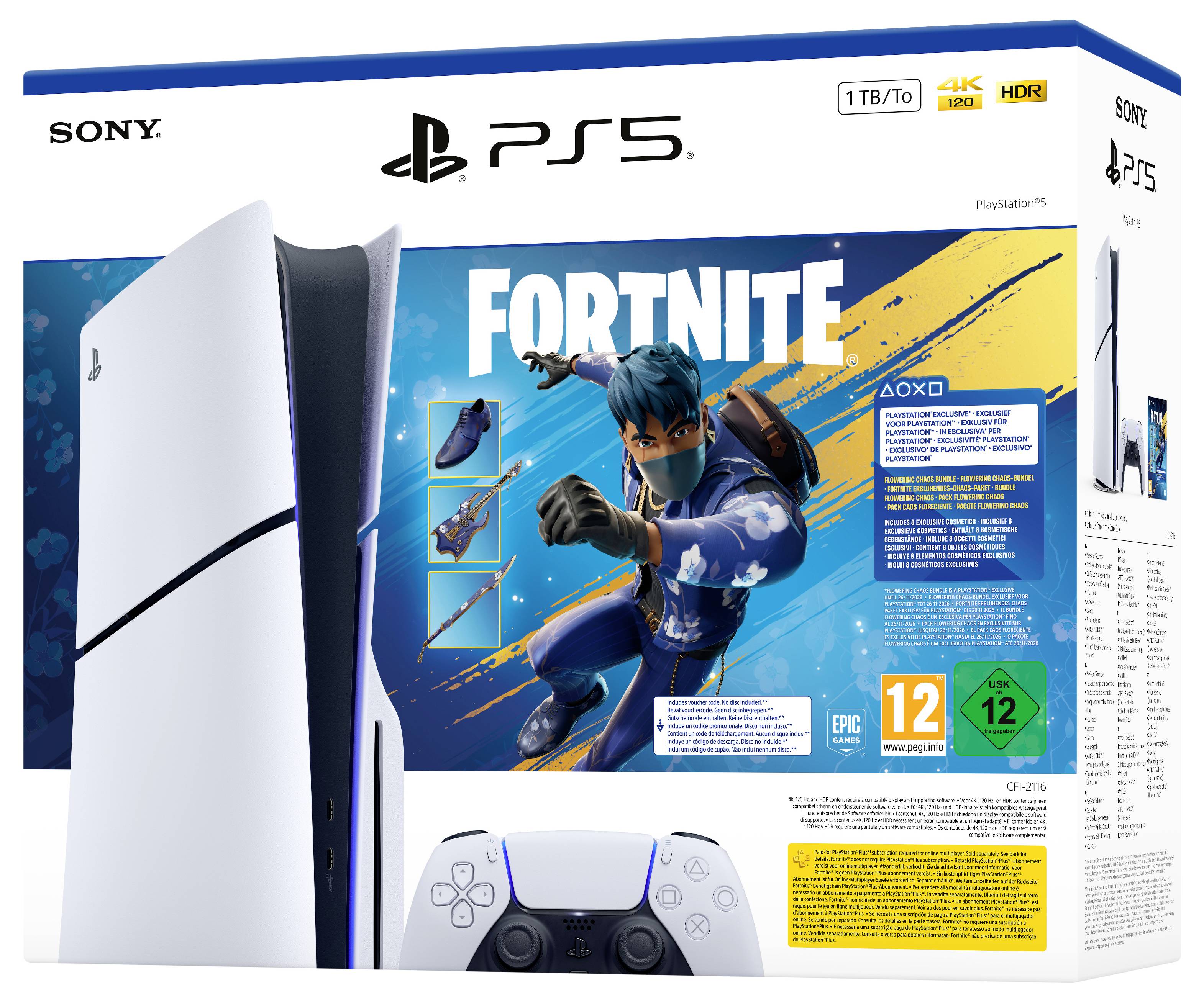 Sony PlayStation 5 Fortnite Bundle-Box mit PS5-Konsole und Controller, Fortnite-Artwork und Beschriftungen für 1 TB, 4K 120 und HDR.