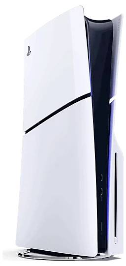 Weiße PlayStation-5-Konsole aufrecht dargestellt, mit schwarzem Mittelpanel und vertikalem blauem Lichtstreifen auf der rechten Seite.