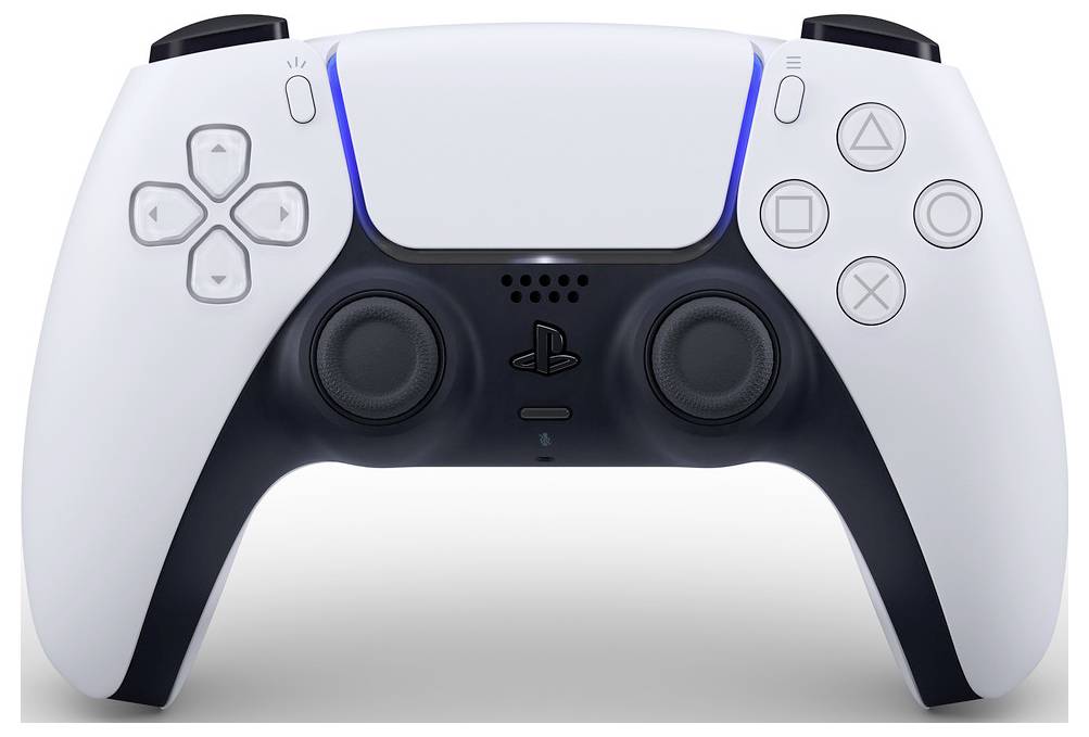 Weiß und schwarz PlayStation 5 DualSense Spiele-Controller mit Touchpad, analogen Sticks, D-Pad und Funktionstasten auf einfachem Hintergrund.