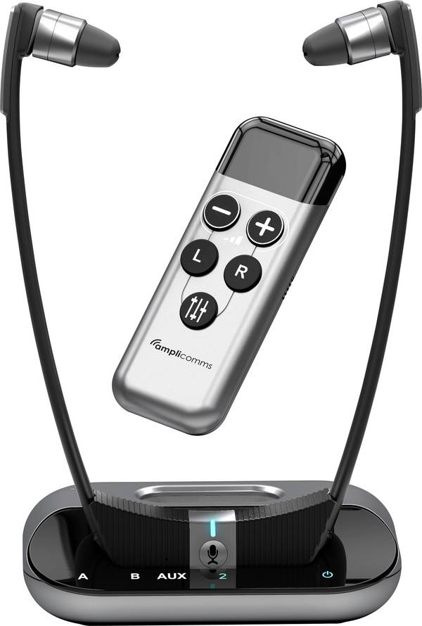 Amplicomms TV3500  In Ear Kopfhörer Kabellos Stereo Schwarz, Silber Noise Cancelling Lautstärkeregelung TV
