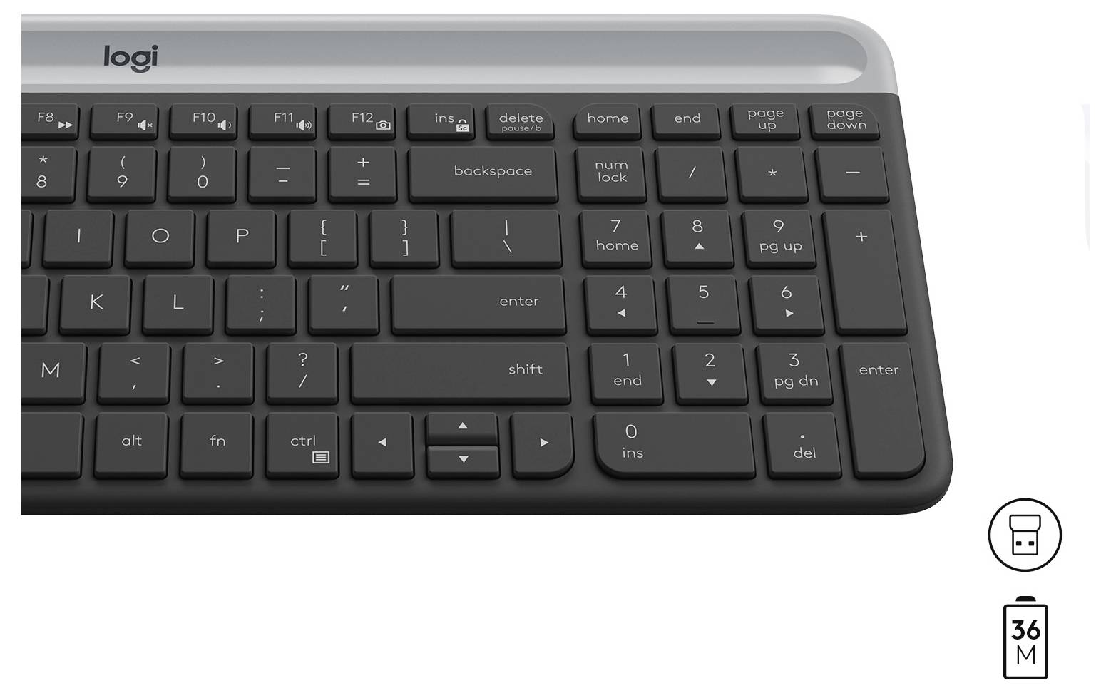 Beschriftetes Diagramm einer Logitech-Funkmaus mit Front- und Seitenansichten und nummerierten Beschriftungen für Tasten, Scrollrad und USB-Empfänger; Symbol für 18-Monate-Batterielebensdauer angezeigt.