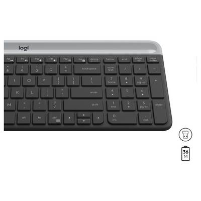 Beschriftetes Diagramm einer Logitech-Funkmaus mit Front- und Seitenansichten und nummerierten Beschriftungen für Tasten, Scrollrad und USB-Empfänger; Symbol für 18-Monate-Batterielebensdauer angezeigt.