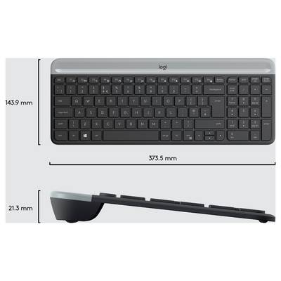 Draufsicht und Seitenansicht einer Logitech-Tastatur mit ihren Abmessungen: 373,5 mm breit und 143,9 mm hoch, mit einer Profildicke von 21,3 mm.