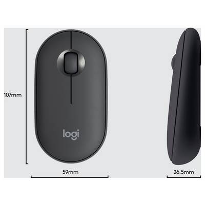 Logitech kabellose Maus in Vorder- und Seitenansicht mit Abmessungen: 107 mm hoch, 59 mm breit und 26,5 mm dick.