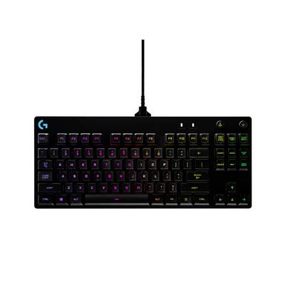 Kompakte schwarze RGB-beleuchtete Gaming-Tastatur mit abnehmbarem Kabel und Logitech „G"-Logo
