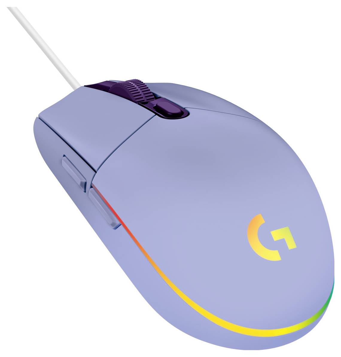 Weiße kabellose Logitech-Maus mit Scrollrad, Seitentasten und grünem Statuslicht auf einfachem Hintergrund.