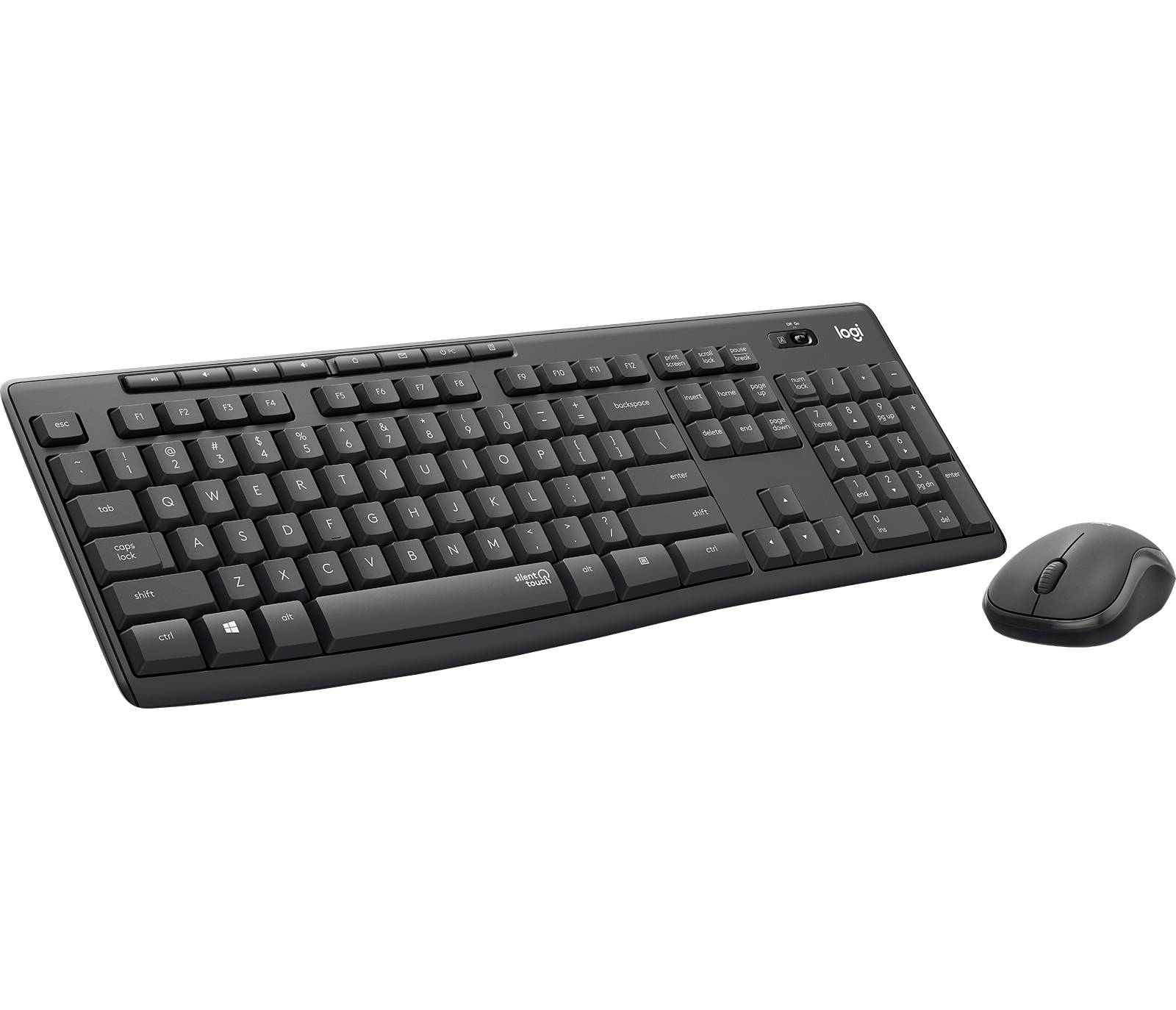 Schwarze Logitech kabellose Tastatur und Mauskombi auf weißem Hintergrund.