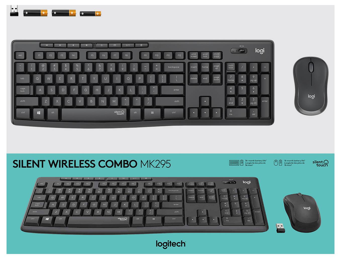 Logitech Silent Wireless Combo MK295 mit Vollgrößen-Tastatur, kabellose Maus und USB-Empfänger, gezeigt in Schwarz auf grauem und blaugrünem Hintergrund.