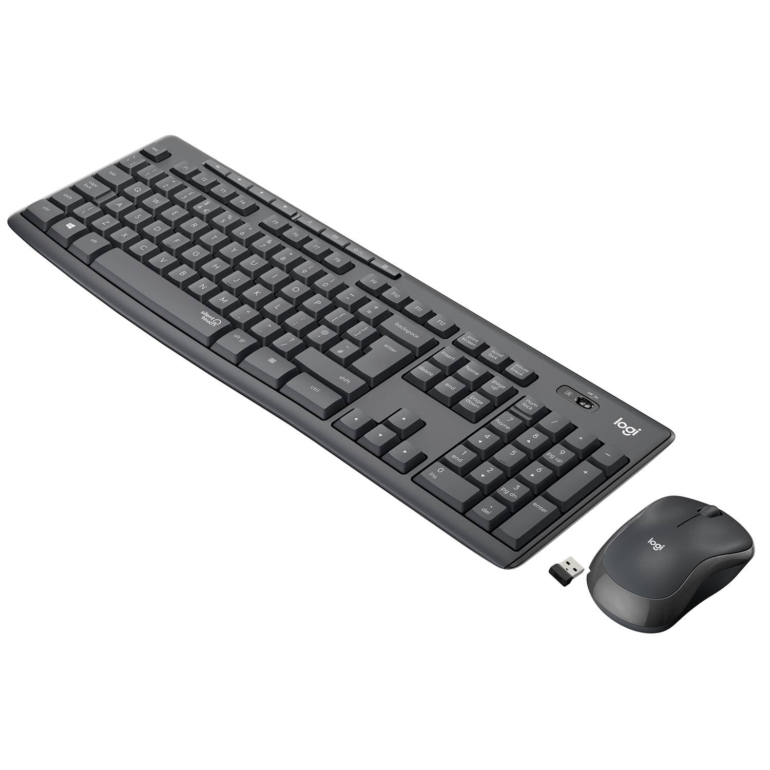 Kabellose Logitech-Tastatur und Maus mit USB-Empfänger auf weißem Hintergrund.