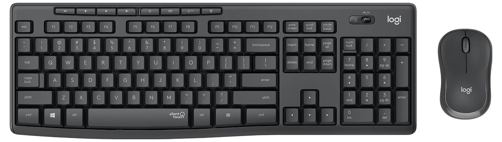 Ein schwarzes kabelloses Tastatur- und Mausset von Logitech mit Vollzeitastatur, Zahlenblock, Pfeiltasten und einer passenden Maus.
