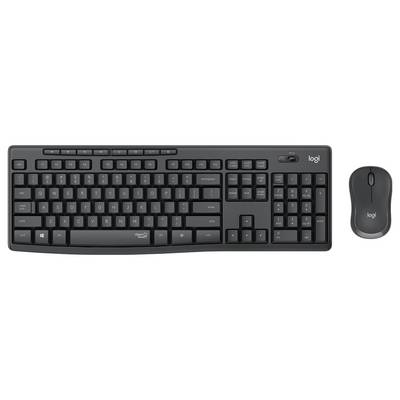 Ein schwarzes kabelloses Tastatur- und Mausset von Logitech mit Vollzeitastatur, Zahlenblock, Pfeiltasten und einer passenden Maus.
