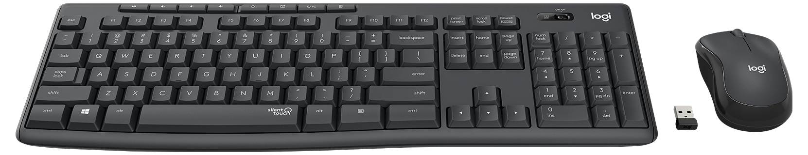 Schwarze kabellose Logitech-Tastatur, Maus und USB-Empfänger auf weißem Hintergrund.