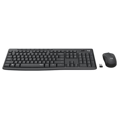 Schwarze kabellose Logitech-Tastatur, Maus und USB-Empfänger auf weißem Hintergrund.