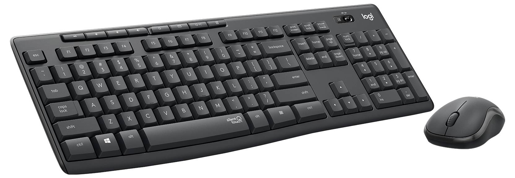 Schwarzes kabelloses Tastatur- und Maus-Set auf weißem Hintergrund dargestellt.