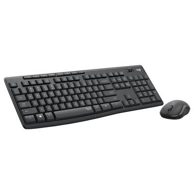 Schwarzes kabelloses Tastatur- und Maus-Set auf weißem Hintergrund dargestellt.
