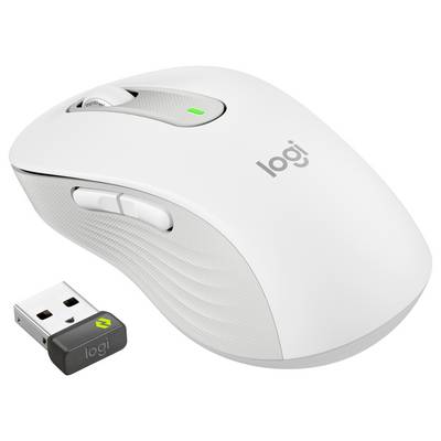 Weiße kabellose Logitech-Maus mit neben ihr abgebildetem USB-Empfänger-Dongle.