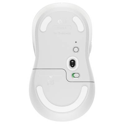 Draufsicht einer weißen kabellosen Computermaus mit sichtbaren Tasten, Scrollrad und Batterie-/Verbindungsschalter.