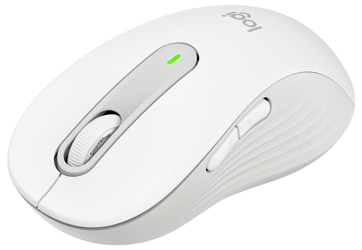 Weiße kabellose Logitech-Maus mit Scrollrad, grüner Anzeigelampe und Seitentasten vor einem einfachen Hintergrund.