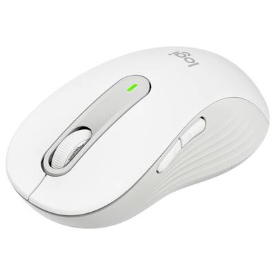 Weiße kabellose Logitech-Maus mit Scrollrad, grüner Anzeigelampe und Seitentasten vor einem einfachen Hintergrund.