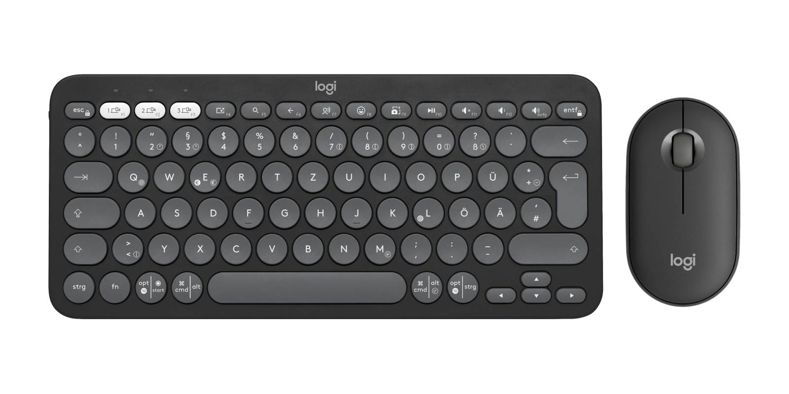 Schwarze kabellose Logitech-Tastatur und Maus-Set nebeneinander auf weißem Hintergrund gezeigt.