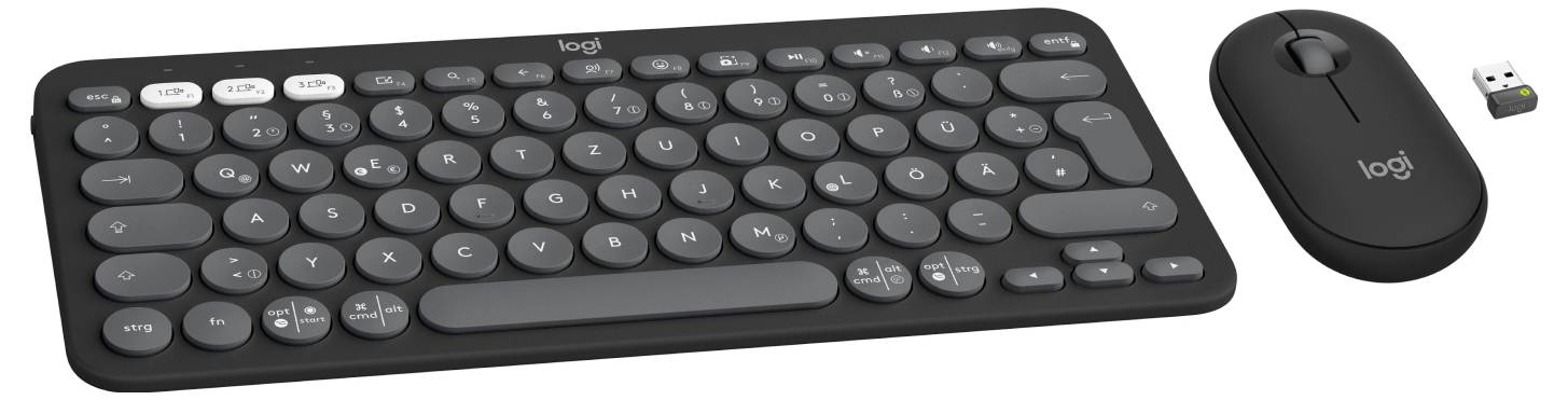 Schwarze kabellose Logitech-Tastatur mit runden Tasten, Maus und USB-Empfänger auf weißem Hintergrund.
