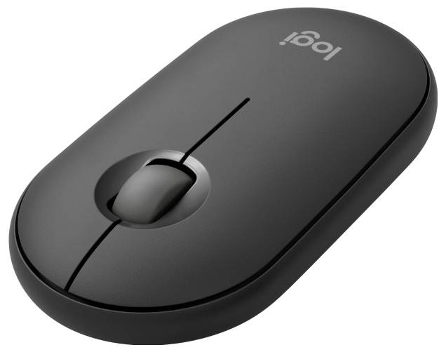 Schwarze Logitech-Wireless-Maus mit einem einzelnen zentralen Scrollrad-Button, gezeigt auf weißem Hintergrund.
