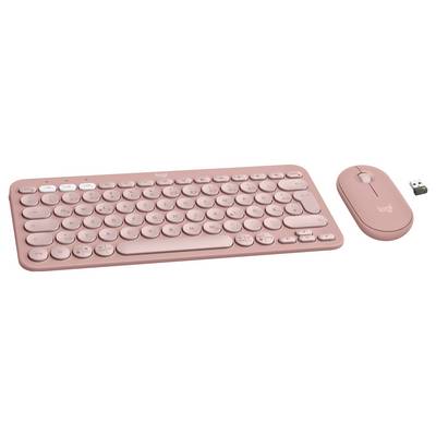 Rosa kabelloses Logitech Tastatur- und Mausset mit USB-Empfänger auf weißem Hintergrund.
