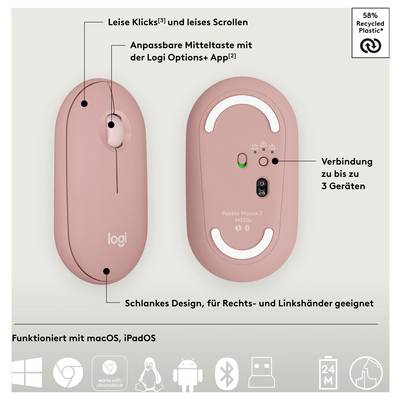 Logitech Pebble 2 Combo Tastatur, Maus-Set Kabellos Optisch Pink 3 Tasten-8