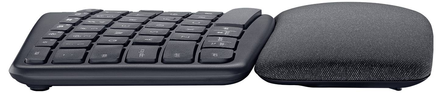 Kompakte schwarze ergonomische Spalttatstatur mit gepolsterte Handgelenkauflage.
