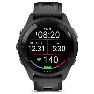 Garmin-Smartwatch zeigt Trainingsstatistiken an: Timer 08:20, Entfernung 12,31, Tempo 5:30 und Herzfrequenz 140.