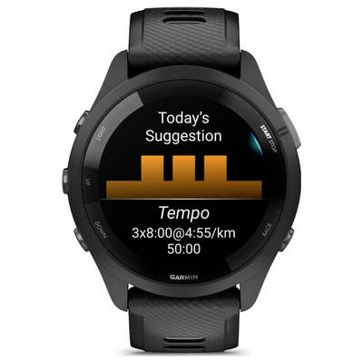Garmin Smartwatch zeigt heutige Trainingsempfehlung an: Tempolauf, 3x8:00@4:55/km, Gesamtdauer 50:00, mit orangefarbenen Intervallbalken auf dem Display.