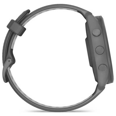 Graues Smartwatch-Armband, isoliert auf weißem Hintergrund, mit Dornschließe und drei Seitentasten am Uhrengehäuse.