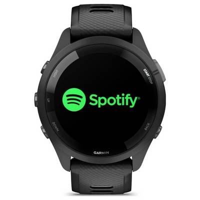 Garmin Smartwatch zeigt das Spotify-App-Logo und den Namen auf dem Bildschirm an, mit Seitentasten und schwarzem Armband.