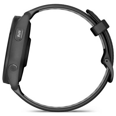 Schwarzer Fitness-Tracker oder Smartwatch in Seitenansicht mit rundem Band und sichtbarem "RUN"-Button.