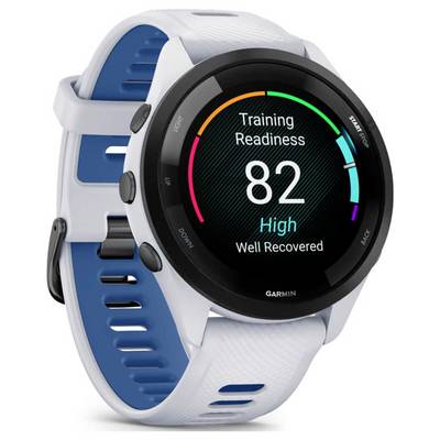 Garmin-Smartwatch mit weißem und blauem Band, auf dem "Training Readiness 82" und der Status "High, Well Recovered" angezeigt wird.