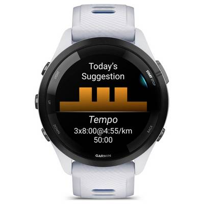 Garmin-Uhrdisplay mit "Heute's Vorschlag" Workout: Tempo, 3x8:00 bei 4:55/km, insgesamt 50:00.