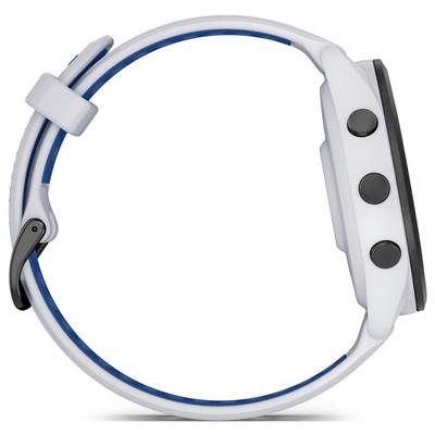 Rückansicht einer Garmin Forerunner 265 Smartwatch mit schwarzem Sportarmband, die den Pulssensor und die Ladekontakte zeigt.