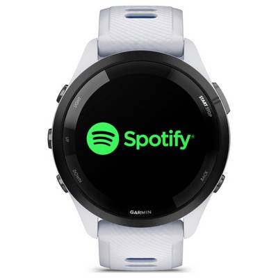 Garmin-Smartwatch zeigt das Spotify-App-Logo auf einem schwarzen Bildschirm an, mit physischen Seitentasten und einem hellfarbigen Armband